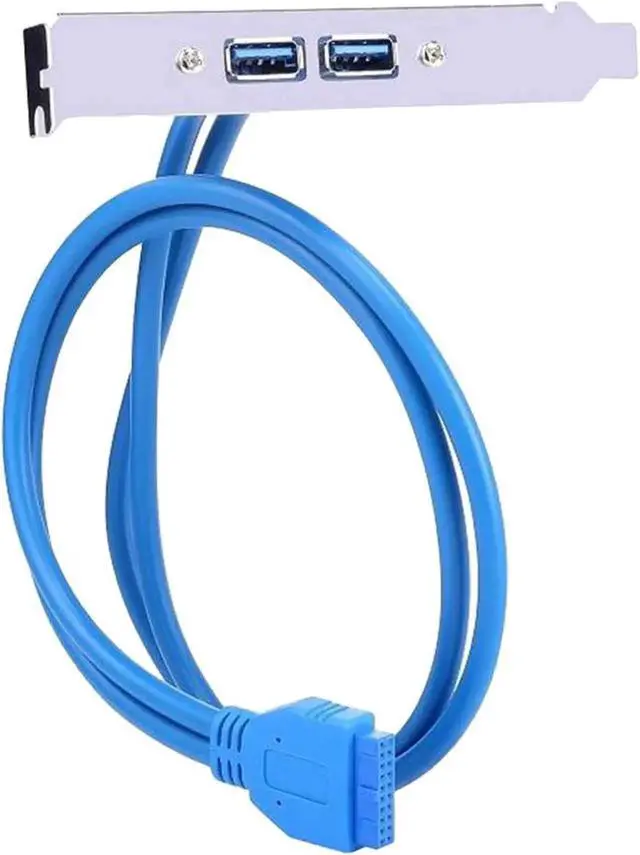 Alt view image 2 of 4 - 1.64ft Blue PCI Slot Bracket Cable, USB 3.0 20Pin Header to Dual USB-A Female Back Panel Expansion Adapter