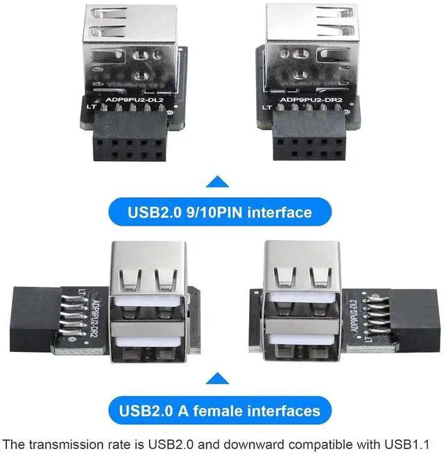 Alt view image 3 of 7 - Dual Layer 9Pin USB 2.0 Header 1 to 2 Port Splitter Adapter, Left & Right Design for PC Motherboard