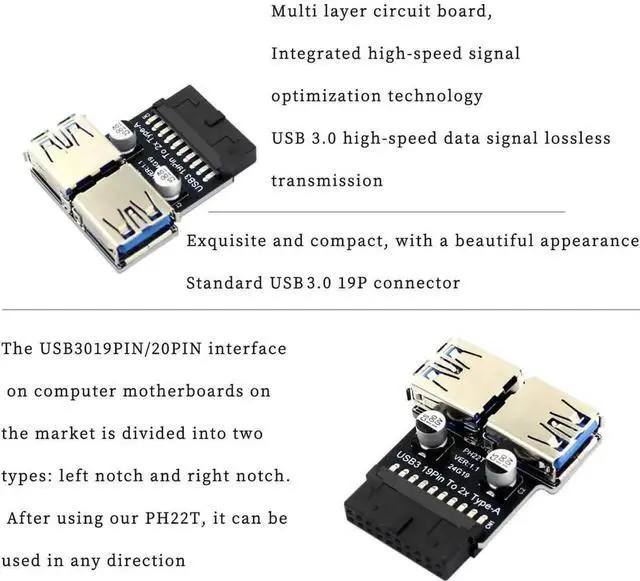 Alt view image 4 of 7 - PH22T USB 3.0/3.1 Adapter, 19P/20P Motherboard Header to Dual USB-A Female for PC Front Panel