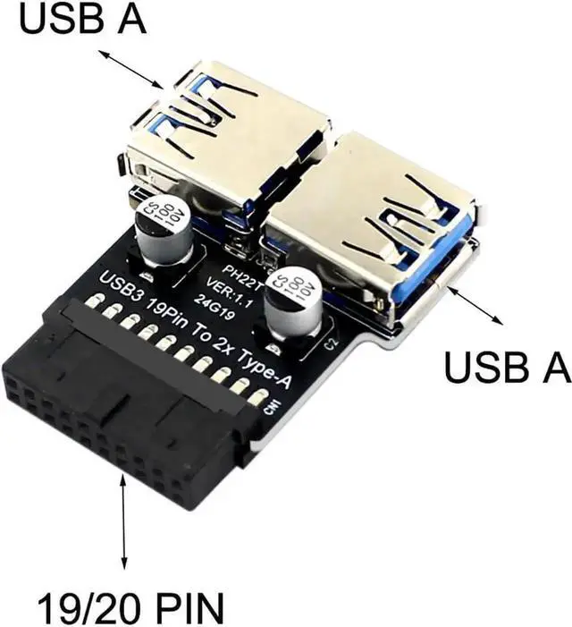 Alt view image 6 of 7 - PH22T USB 3.0/3.1 Adapter, 19P/20P Motherboard Header to Dual USB-A Female for PC Front Panel