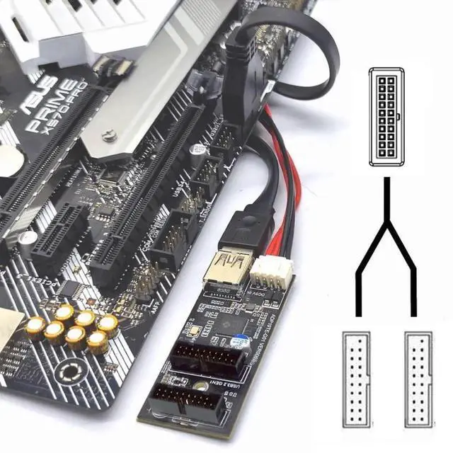 Alt view image 2 of 6 - USB 3.0 19/20Pin 1 to 2 Splitter Hub, Internal Port Multiplier PCBA Adapter with SATA Power Cable for Desktop Motherboard