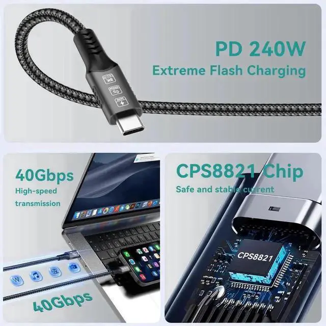 Alt view image 2 of 7 - 1.6FT USB C Cable, 240W PD Fast Charging, USB4 40Gbps Data Cable, 8K@60Hz HD Display, Thunderbolt 4/3 Compatible for iPhone 16, MacBook, Hub, Docking
