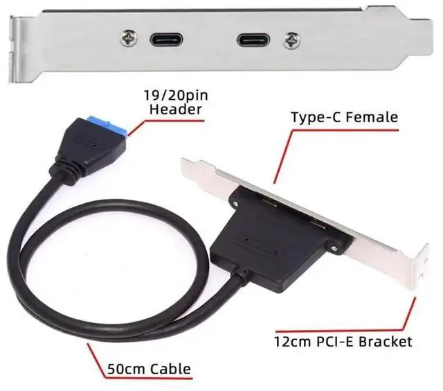 Alt view image 5 of 7 - USB 3.0 Motherboard 19/20Pin to USB-C Dual Female Ports Cable, PCI-E Back Panel Bracket, 5Gbps