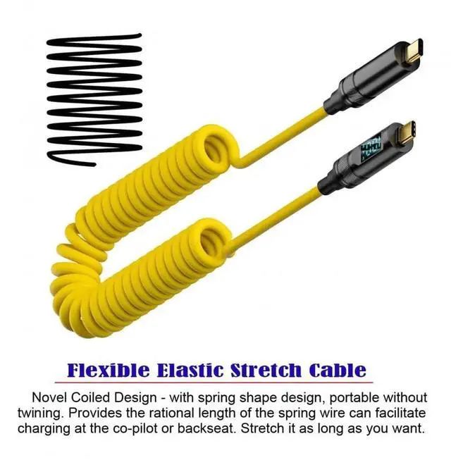 Alt view image 6 of 7 - 180CM Coiled USB4 Cable with Smart LED Display, Type-C Male to Male, 20Gbps, 100W Charging, 8K Video for Laptop, Drive, Phone