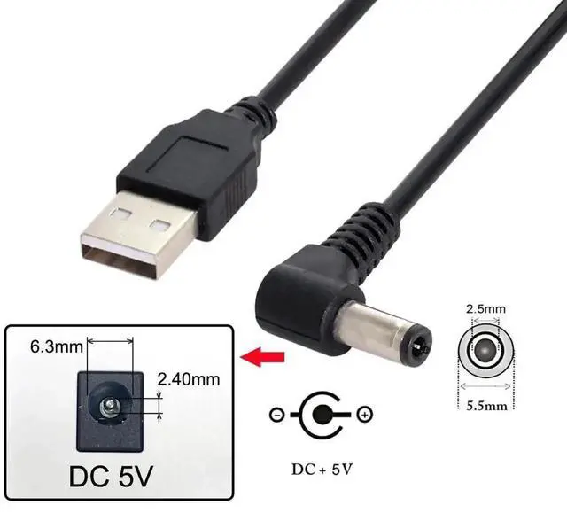 Alt view image 6 of 6 - 100cm USB 2.0 A Male to 90° Right Angle 5.5x2.5mm DC Power Cable, 5V Barrel Connector Charging Cord