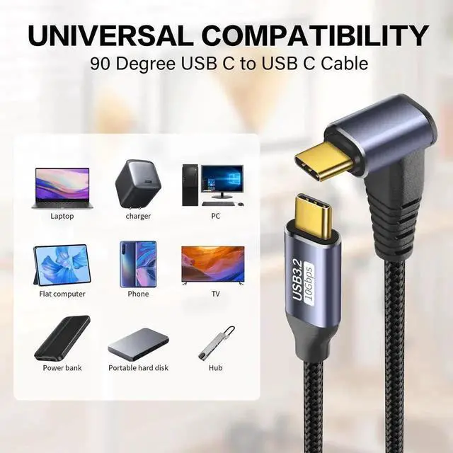 Alt view image 2 of 6 - 0.5M (1.6FT) 90 Degree USB-C to USB-C Cable, USB 3.1 Gen2 10Gbps Data, 4K@60Hz Video, 100W Fast Charging Cord
