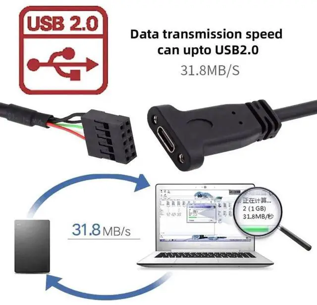 Alt view image 2 of 6 - 17cm USB 2.0 9/10Pin Header Male to USB-C Female Extension Cable with 12cm PCI-E Slot Bracket, PC Chassis Back Panel Port Adapter