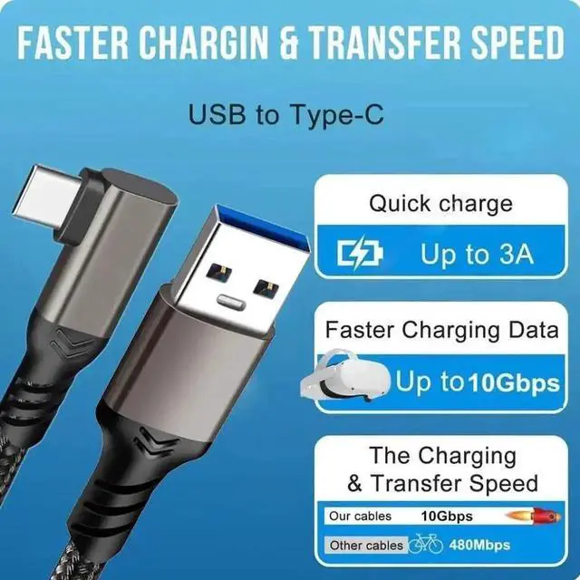 Alt view image 2 of 7 - 2-Pack 1.6FT Right Angle USB-A to USB-C Cable, USB 3.1/3.2 10Gbps & 60W 3A Fast Charging Cord for Android Auto, Samsung, VR Link, External SSD