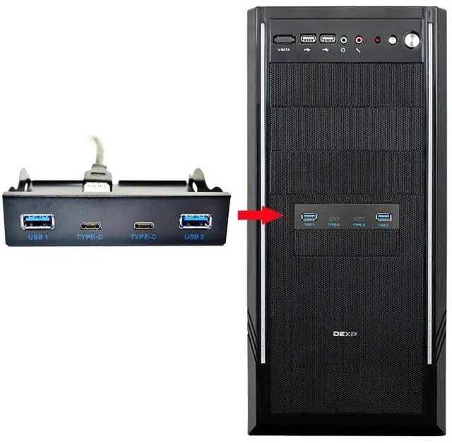 Alt view image 3 of 7 - 3.5" Floppy Bay Front Panel USB-C & USB 3.0 4-Port Hub, 20Pin Motherboard Header Extension Cable