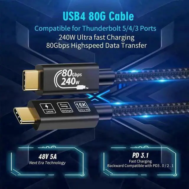 Alt view image 7 of 7 - 1.5M USB4 & Thunderbolt 5 Cable, USB-C to USB-C, 80Gbps Gen4, 240W Charging, 16K@60Hz 4K@120Hz HDR for Hubs, Docks, Laptops, SSDs & Monitors