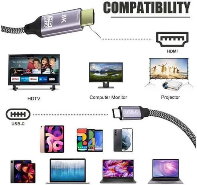 Alt view image 5 of 7 - 1.8m USB3.1 Type-C to HDMI 2.1 Cable, 48Gbps, 8K@30Hz & 4K@120Hz UHD HDR, Compatible with Thunderbolt 3 for TV, Projector & Monitor