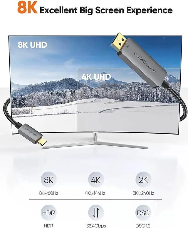 Alt view image 7 of 7 - 6FT USB-C to DisplayPort 1.4 Cable, 32.4Gbps, 8K@60Hz, 4K@144Hz, 2K@240Hz, HDR, Thunderbolt 3/4 Compatible for Rift S, MacBook, XPS 13/15, Surface Pro