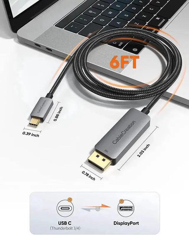 Alt view image 5 of 7 - 6FT USB-C to DisplayPort 1.4 Cable, 32.4Gbps, 8K@60Hz, 4K@144Hz, 2K@240Hz, HDR, Thunderbolt 3/4 Compatible for Rift S, MacBook, XPS 13/15, Surface Pro