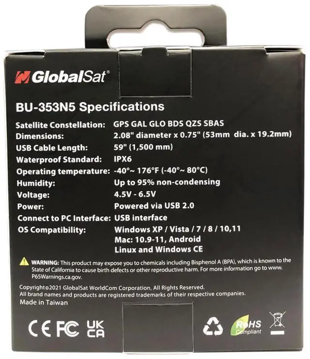 Alt view image 5 of 5 - GlobalSat BU-353N5 USB GNSS Receiver, Black, Made in Taiwan High-Precision GPS/Galileo/GLONASS/BeiDou Receiver with Magnetic Mount, IPX6 Waterproof, Plug & Play for Navigation, Tracking & Surveying