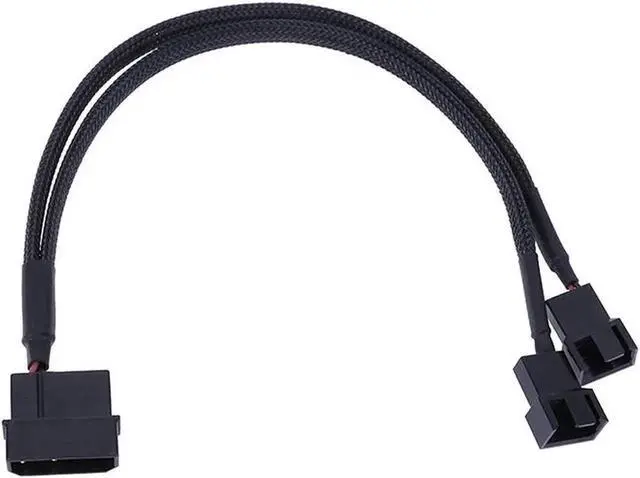 Main image of 10 Inch Black Sleeved Molex 4-Pin to Dual 3/4 Pin PWM Fan Splitter Cable, 12V DC Power Adapter
