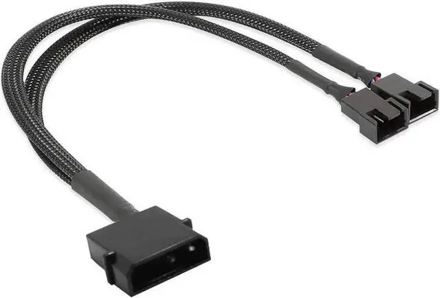Main image of 10 Inch Black Sleeved Molex LP4 to Dual 3/4 Pin PWM Fan Y Splitter Cable, 12V PC Case Fan Power Adapter