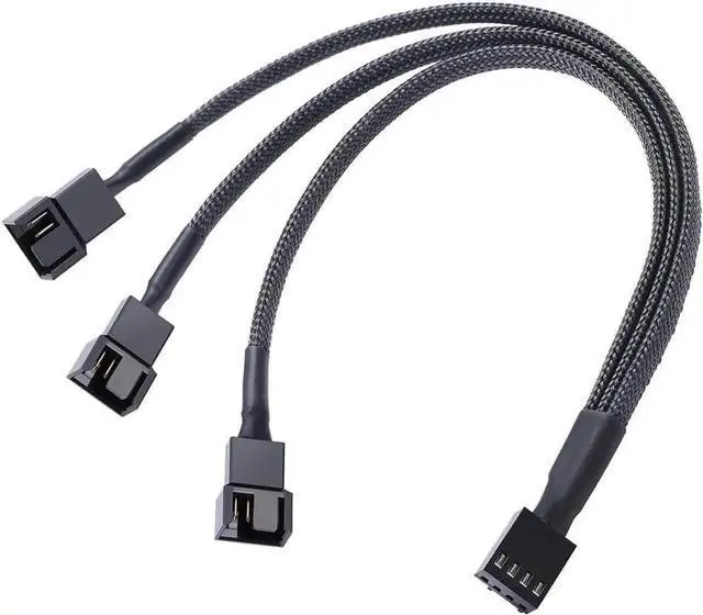 Main image of 10 Inch Black Mesh Sleeved 1 to 3 PWM 4-Pin Fan Splitter Cable, Motherboard Fan Power Hub Adapter