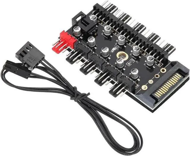 Main image of 10 Ports 4-Pin PWM Fan Hub, SATA 15pin to Fan Power Splitter Adapter with Self-Adhesive Sticker, Compatible with 3/4 Pin Fans