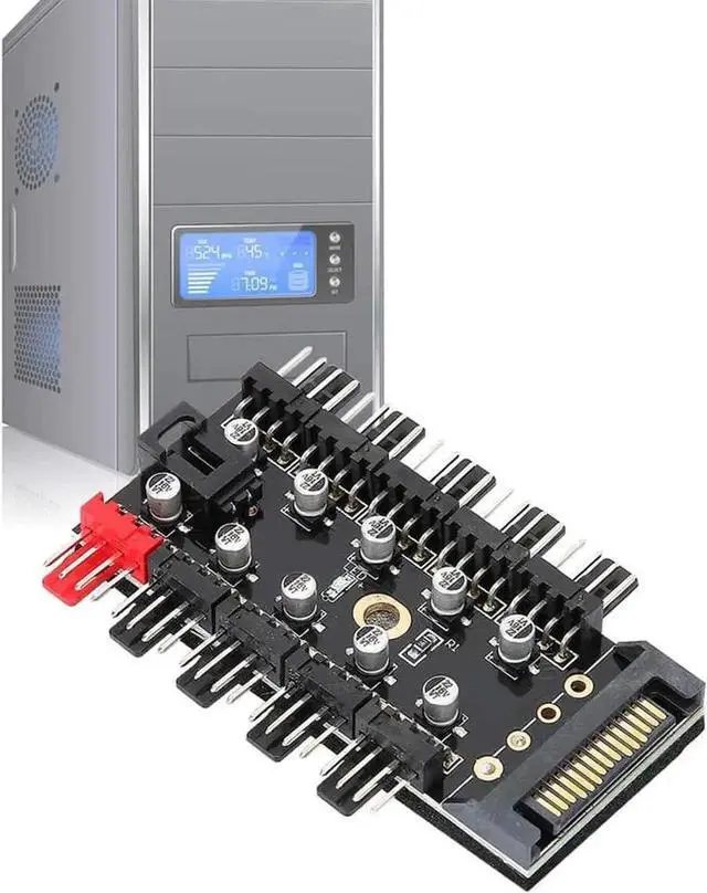 Alt view image 6 of 6 - 10 Ports 4-Pin PWM Fan Hub, SATA 15pin to Fan Power Splitter Adapter with Self-Adhesive Sticker, Compatible with 3/4 Pin Fans