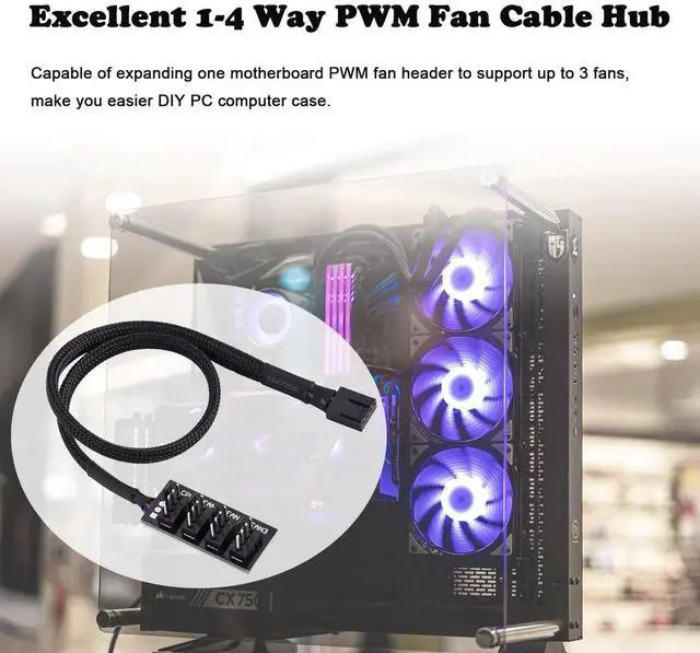 Alt view image 2 of 7 - 1 to 4 Way PWM Fan Hub, Sleeved 3Pin/4Pin Fan Power Splitter for PC CPU & Case Cooling Fans