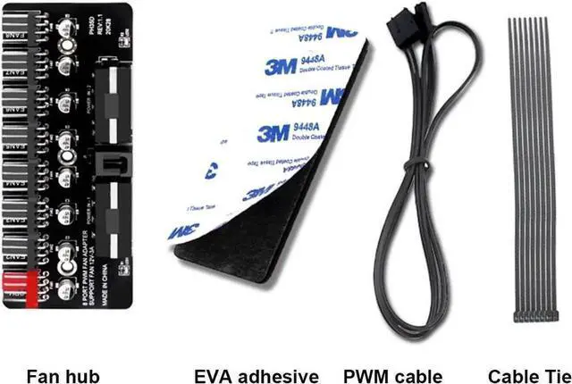 Alt view image 4 of 5 - 8 Ports 12V/2A PWM Fan Hub, Dual Molex Powered Fan Splitter with Self-Adhesive, for 3Pin/4Pin PC Case & CPU Cooling Fans
