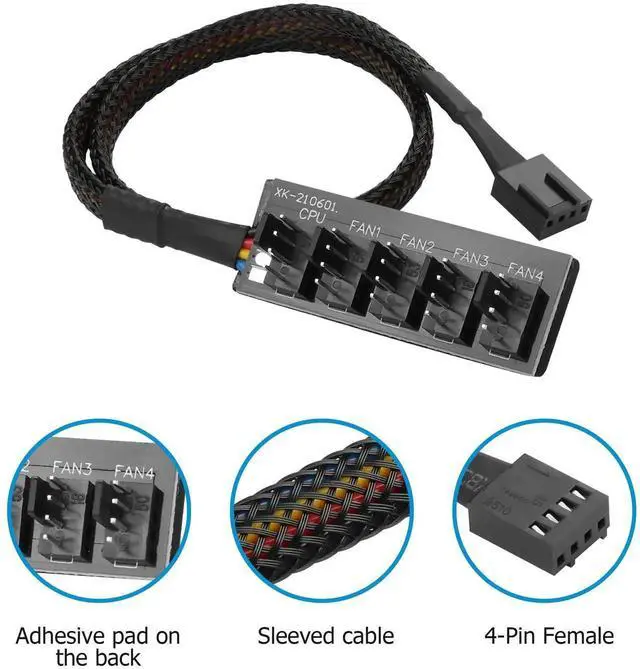 Alt view image 4 of 6 - 2 Pack 1 to 5 Way 4Pin PWM Fan Splitter Cable, Extension Cord for 3Pin/4Pin PC CPU & Case Cooling Fans