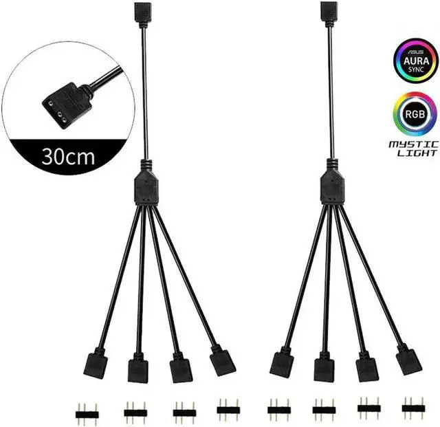 Main image of 2 Pack 1 Foot 5V 3-Pin RGB 4-Way Splitter Cable, Female to Female RBW LED Strip Hub with Gender Changer Adapter for AURA RGB Lighting