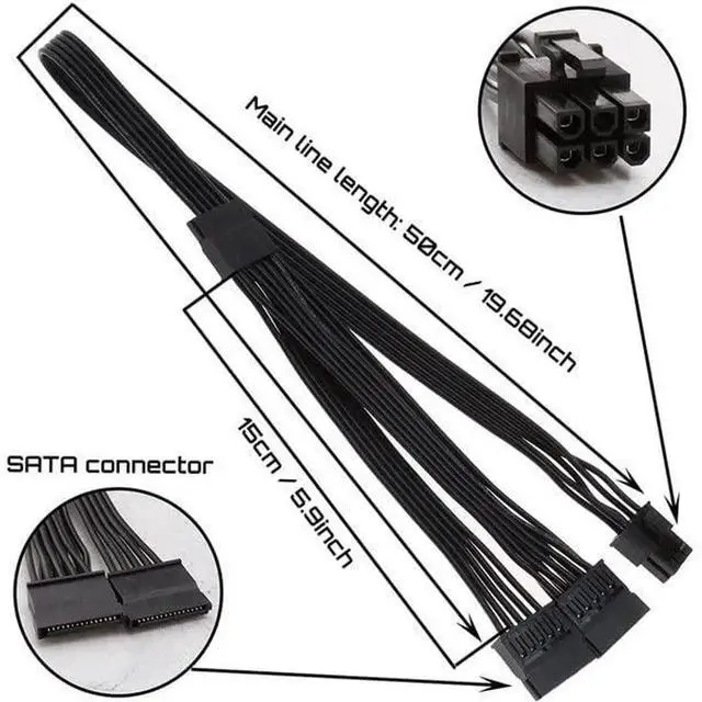 Alt view image 4 of 6 - 20in 6-Pin to 3X 15-Pin SATA Power Cable for Corsair Modular PSUs