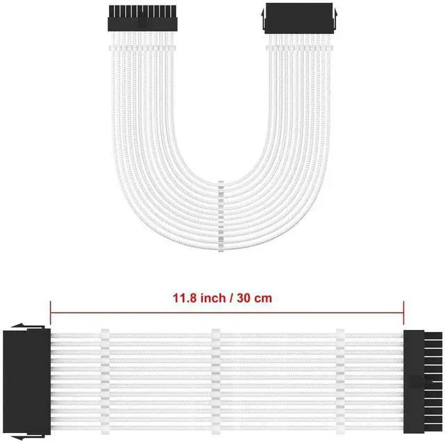 Alt view image 5 of 7 - White Braided 24Pin ATX Extension Cable, 11.8 Inch Male to Female with 3 Cable Combs