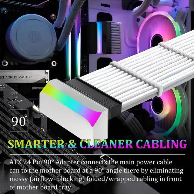 Alt view image 4 of 7 - White ATX 24Pin 90 Degree Power Adapter with 5V 3Pin ARGB, Male to Female Connector for Motherboard & PSU