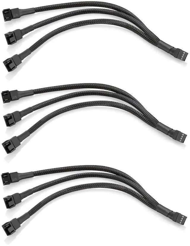 Main image of 10 Inch 3 Pack 3-Way 4 Pin PWM Fan Splitter Cable, Black Extension Cord for 3/4 Pin PC Cooling Fans