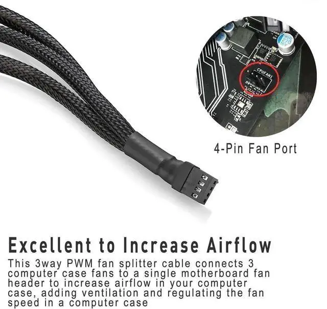 Alt view image 3 of 7 - 10 Inch 3 Pack 3-Way 4 Pin PWM Fan Splitter Cable, Black Extension Cord for 3/4 Pin PC Cooling Fans