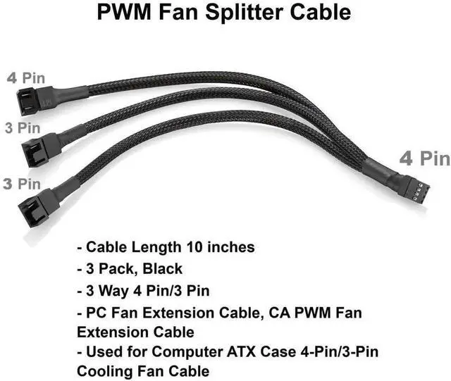 Alt view image 5 of 7 - 10 Inch 3 Pack 3-Way 4 Pin PWM Fan Splitter Cable, Black Extension Cord for 3/4 Pin PC Cooling Fans