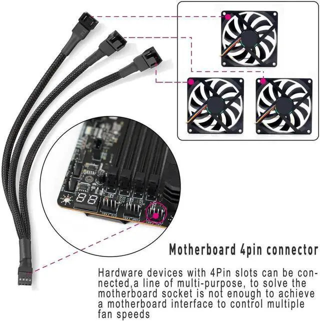 Alt view image 7 of 7 - 10 Inch 3 Pack 3-Way 4 Pin PWM Fan Splitter Cable, Black Extension Cord for 3/4 Pin PC Cooling Fans