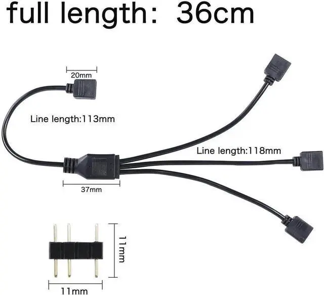 Alt view image 3 of 6 - 5V 3Pin ARGB 1 to 3 Splitter Cable, Addressable RGB Extension Cord for PC Chassis CPU Cooler ARGB Fans