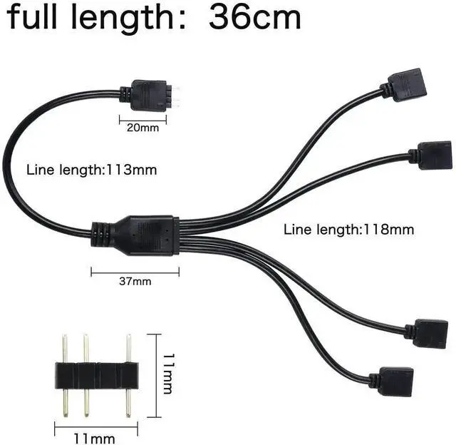 Alt view image 6 of 6 - 5V 3Pin ARGB 1 to 4 Splitter Cable, Addressable RGB Hub Extension Cord for PC Case Fans & CPU Coolers