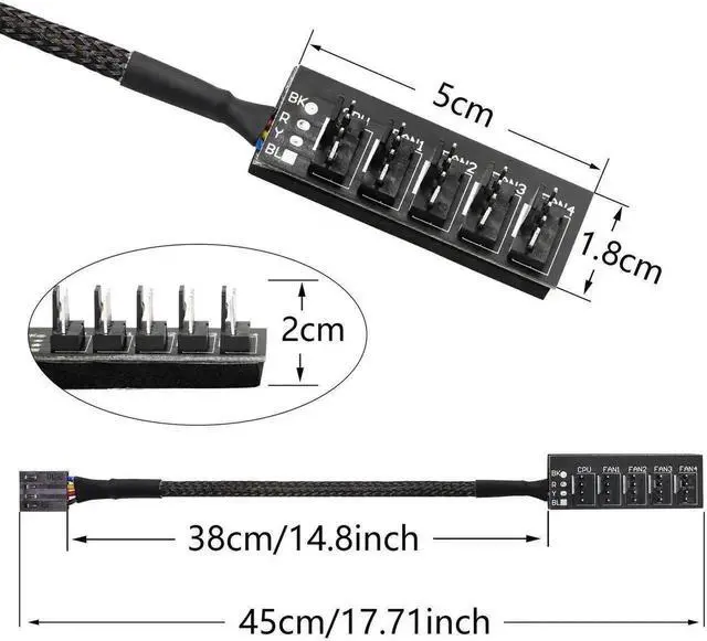 Alt view image 3 of 7 - 2 Pack 14.8 Inch 1-to-5 PWM Fan Splitter Hub Cable, 4Pin Fan Power Extension Cord Compatible with 3Pin/4Pin ATX PC Case & CPU Cooling Fans