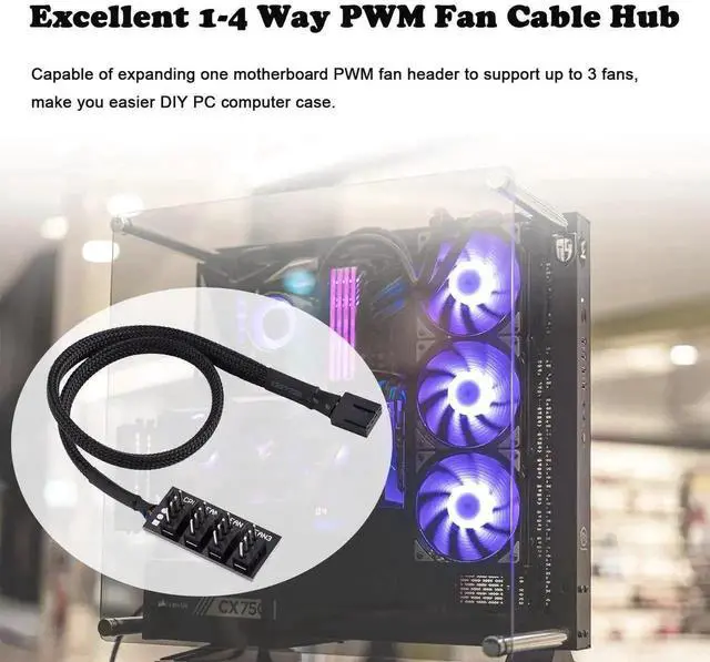 Alt view image 4 of 7 - 1-to-4 PWM Fan Hub Splitter Cable, Sleeved Adapter for 3Pin & 4Pin PC CPU Chassis Cooling Fans