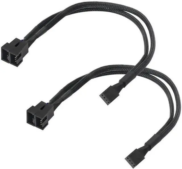 Main image of 2 Pack 1-to-2 Sleeved 4-Pin PWM Fan Splitter Cable, Black Extension Cord Compatible with 3Pin/4Pin ATX PC Case Cooling Fans
