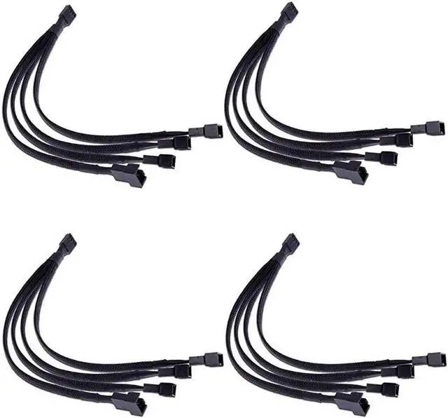 Main image of 4 Pack Black Braided Sleeved 1-to-4 4-Pin PWM Fan Y Splitter Cable, 10.5 Inches PC Case Fan Power Extension Cord
