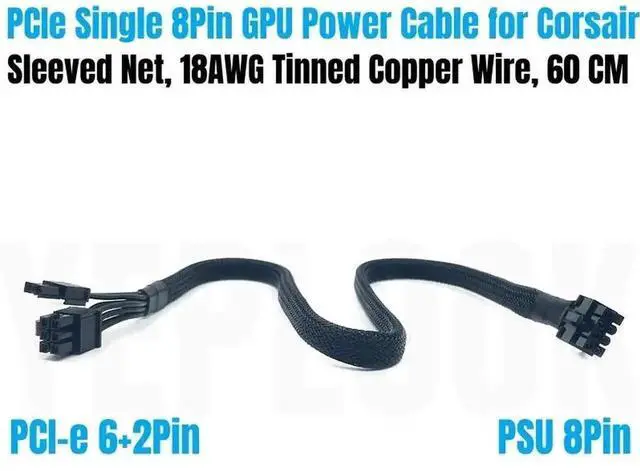Main image of 60CM Braided PCIe 8Pin (6+2) GPU Modular Power Cable for Corsair RMx RM650x/RM750x/RM850x/RM1000x PSU