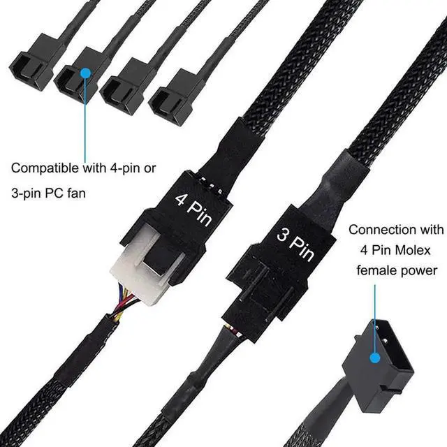 Alt view image 6 of 6 - Molex to 3 Pin 4 Pin Fan Sleeved Power Splitter Cable Adapter,Molex LP4 to 4 x TX3 / TX4 (PWM) 12V PC Case Fan Cooler Y Splitter Power Extension Cord - 10 Inch,Black