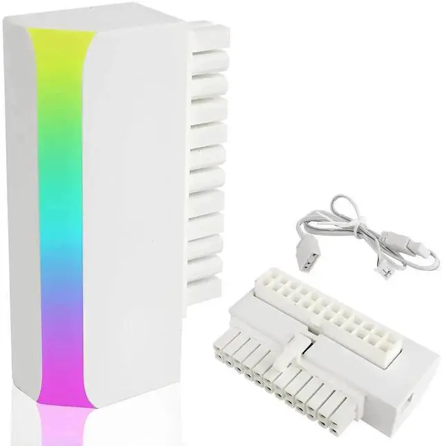Main image of White 90° Angled ATX 24Pin Motherboard Power Adapter with Integrated 5V 3Pin ARGB Female to Male Extension Port