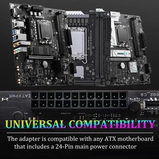 Alt view image 2 of 7 - White 90° Angled ATX 24Pin Motherboard Power Adapter with Integrated 5V 3Pin ARGB Female to Male Extension Port
