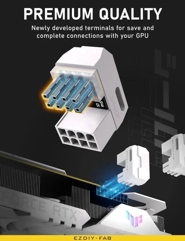 Alt view image 4 of 6 - 1 Pack White Reverse Style Shield Series Aluminum 180° U-Turn 8-Pin PCIe GPU Angled Power Adapter