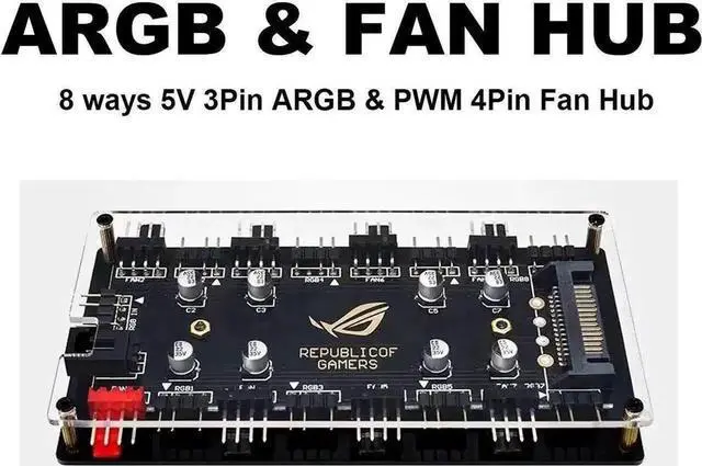 Alt view image 2 of 5 - 2-in-1 8-Port Fan & ARGB Splitter Hub, 4-Pin PWM Fan Controller + 5V 3Pin Addressable RGB Hub, SATA Powered, PMMA Casing, Supports Synchronous Lighting & Fan Speed Regulation