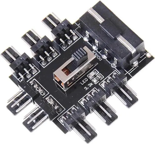 Alt view image 3 of 4 - 8-Port PC Fan Hub with 7V/12V Voltage Switch, Molex Powered 1-to-8 Fan Splitter PCB Adapter, Compatible with 3-Pin & 4-Pin Chassis Fans