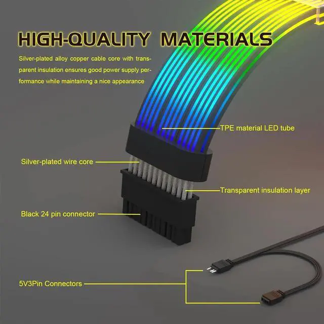 Alt view image 7 of 7 - 24Pin ARGB PSU Extension Cable, 5V 3Pin Addressable RGB Motherboard Power Cord, Black Style for Black Themed PC Case Modding