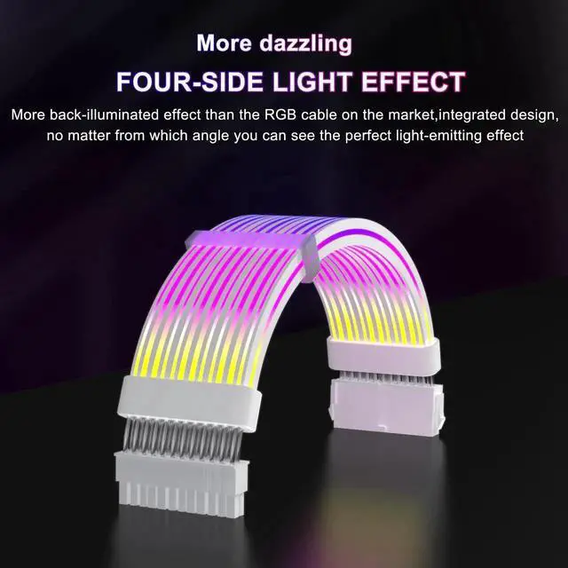 Alt view image 3 of 7 - White 24 Pin ARGB Motherboard PSU Extension Cable, 5V 3-Pin Addressable RGB 4-Sided Lighting PC Case Decor Cord