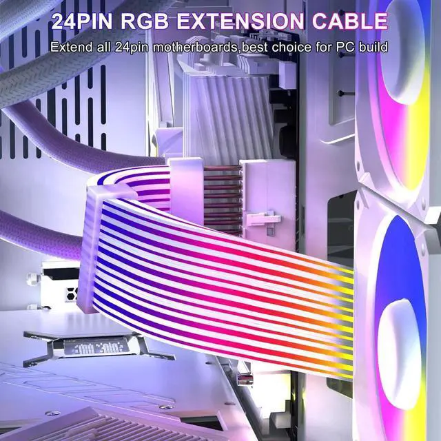 Alt view image 5 of 7 - White 24 Pin ARGB Motherboard PSU Extension Cable, 5V 3-Pin Addressable RGB 4-Sided Lighting PC Case Decor Cord